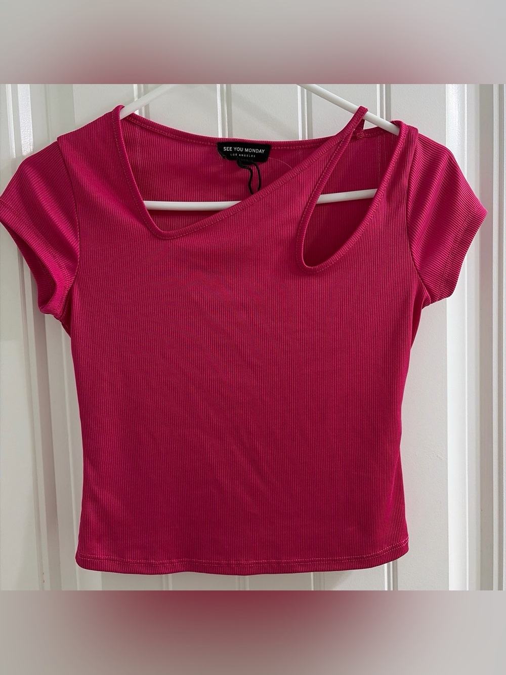 See You Monday Hot Pink Ribbed Asymmetric Cutout Crop Top M Y2K Style Barbiecore
